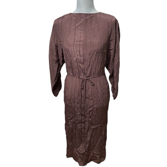Stockholm Atelier & Other Stories Brown Crinkle Midi Dress – Size 0 - Picture 2 of 11